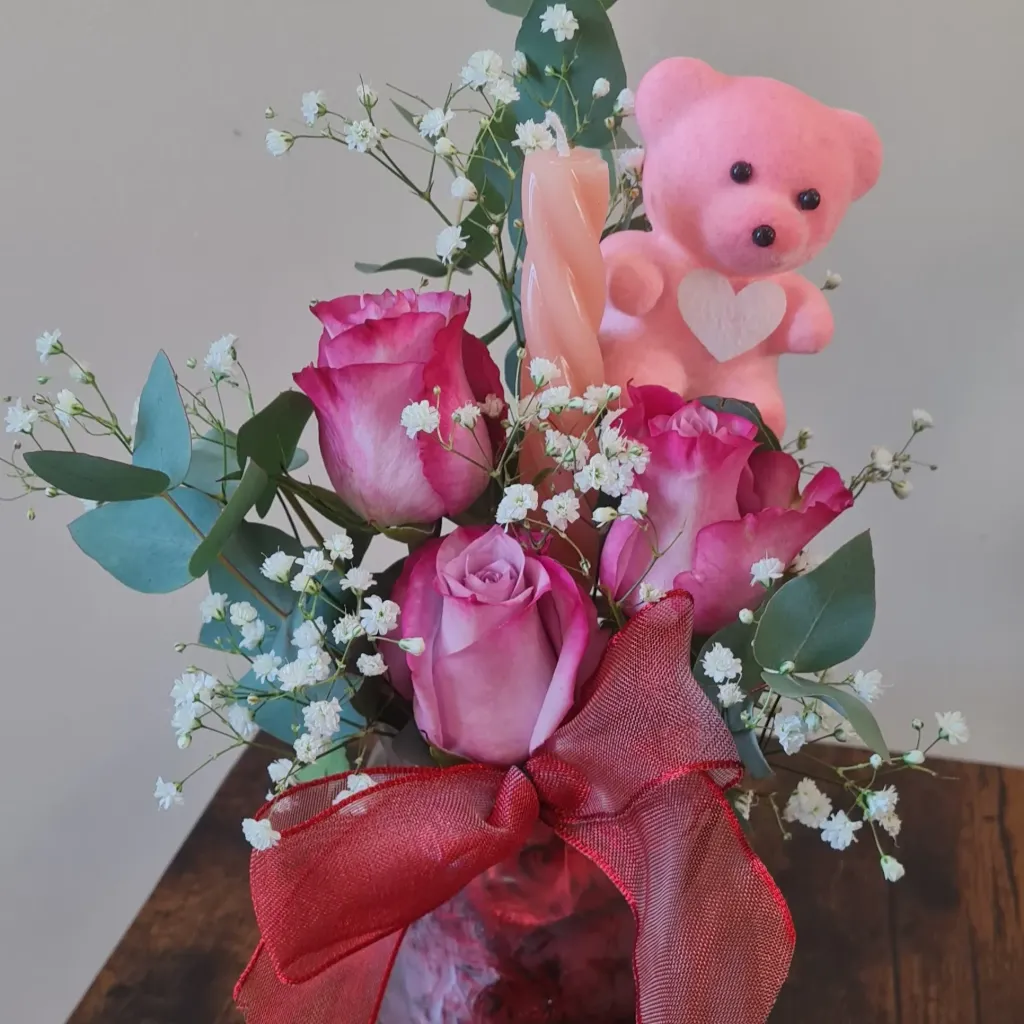 Bougie roses & ourson rose