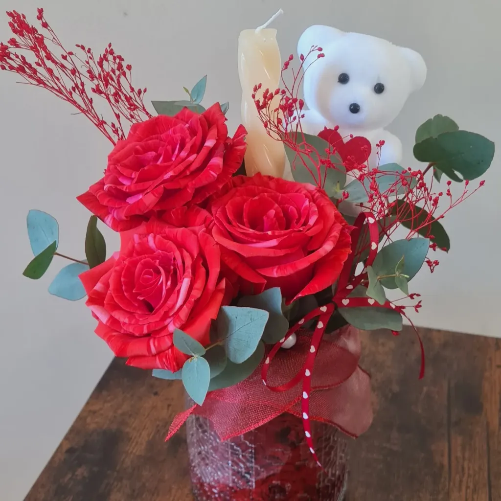 Bougie roses & ourson blanc