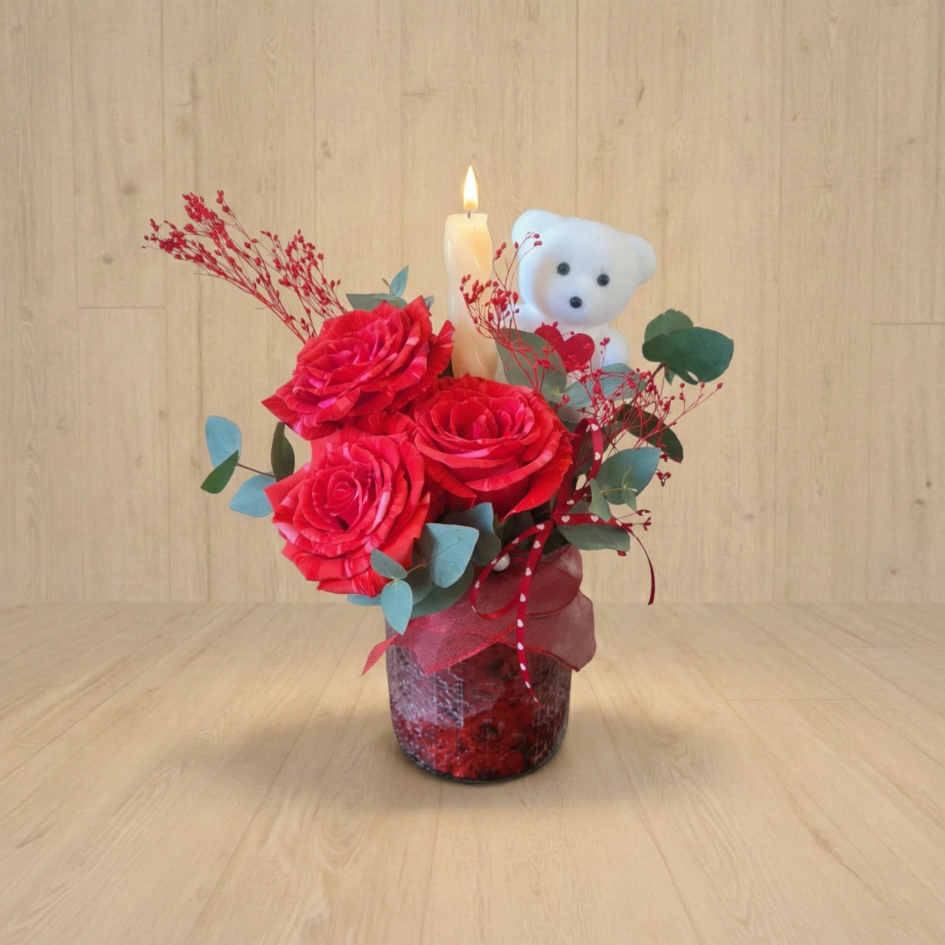 Bougie roses & ourson blanc